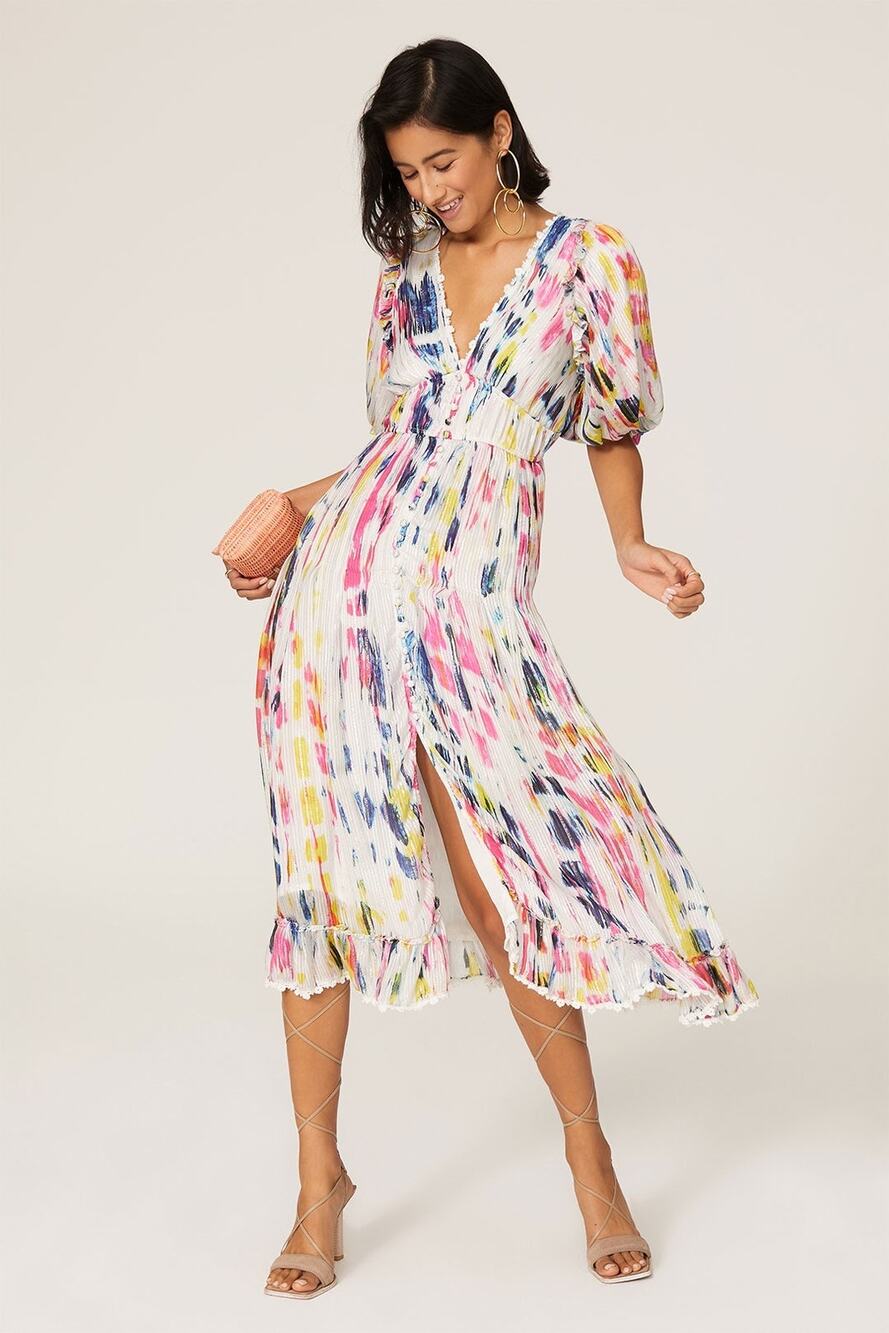 Hemant & Nandita Jorah Multicolor Tie Dye Print V-Neck Puff Sleeve Midi Dress XS